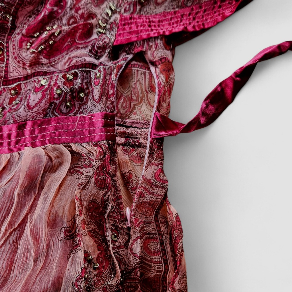 Chaudry Kaftan Slip Dress Small Red Embroidered Mesh Flowy Sleeves Beaded Boho - Picture 8 of 15